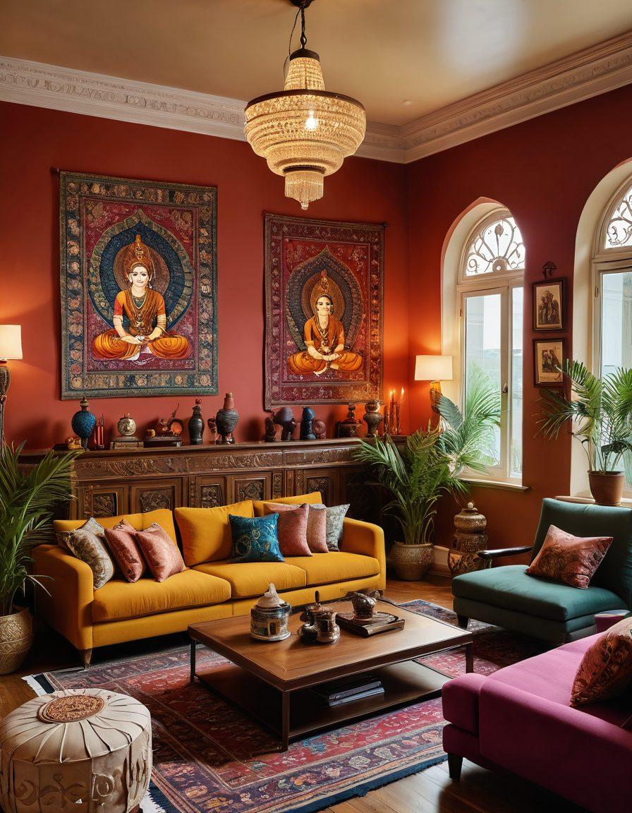 A vibrant, modern living room setting showcasing an Indian-inspired decor with colorful tapestries and ornate sculptures. In the foreground, a diverse group of people interact through live streaming, engaging in a lively discussion about culture and entertainment. The atmosphere is energetic and inclusive, with screens displaying cultural motifs and adult entertainment themes subtly intertwined. The lighting is warm and inviting, creating a captivating ambiance. digital artwork. vibrant colors. dynamic composition.