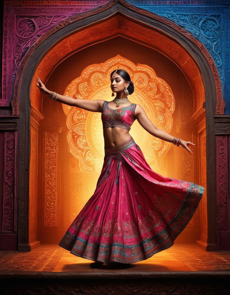 A visually striking collage depicting the fusion of traditional Indian elements, like intricate patterns and vibrant fabrics, with modern technology such as webcams and neon lights. Show a Bollywood dancer gracefully performing, enveloped in both cultural and contemporary themes, symbolizing the evolution of Indian entertainment. The background should feature a harmonious blend of old and new architectural motifs, flowing seamlessly together. super-realistic. vibrant colors. 3D.